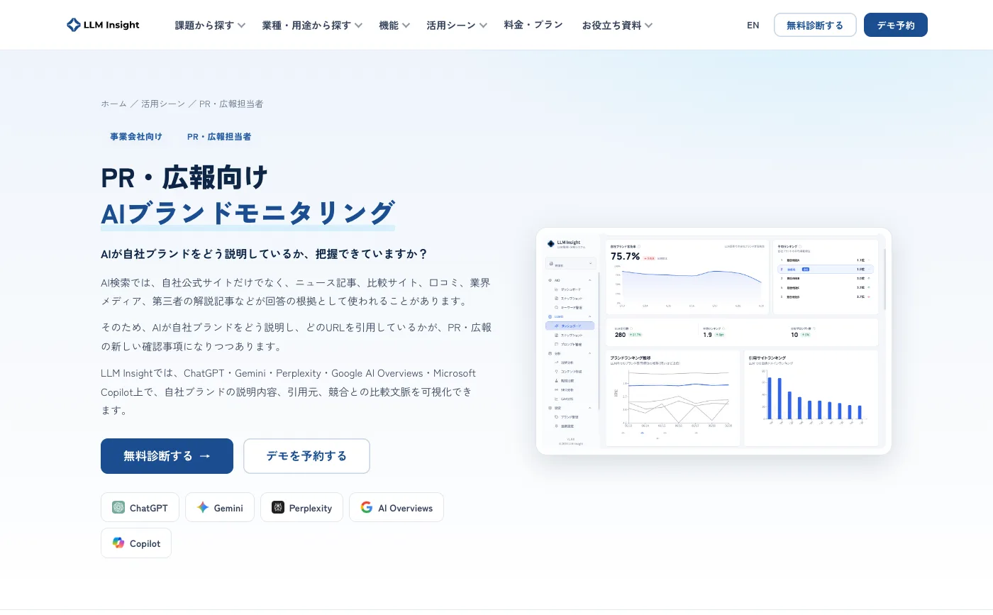 LLM InsightのPR・広報向けAIブランドモニタリングのページの最初の画面。左に見出しと説明、無料診断とデモ予約のボタン、対応するChatGPT・Gemini・Perplexity・AI Overviews・Copilotのアイコン、右に管理画面のイメージ。